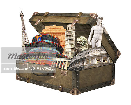Famous monuments of the world - Eiffel tower in Paris, Leaning Tower of Pisa; Coliseum in Rome; Parthenon in Athens, Temple of Heaven in Beijing; chinese lion statue in Forbidden Sity, Michelangelo's David, India Gate memorial in New Delhi. In vintage suitcase. Isolated on white background.