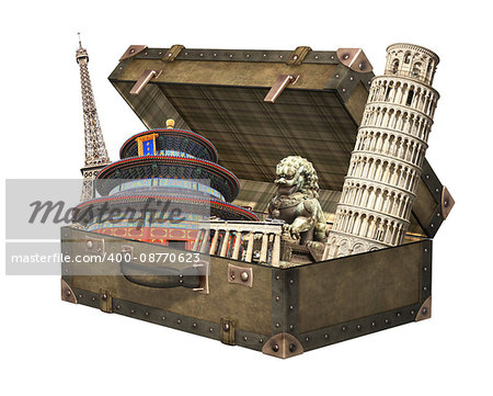 Famous monuments of the world - Eiffel tower in Paris, Leaning Tower of Pisa; Parthenon in Athens, Temple of Heaven in Beijing; chinese lion statue in Forbidden Sity. In vintage suitcase. Isolated on white background.