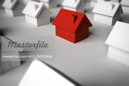 3D Rendering Model red house between models of houses