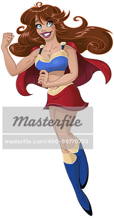 Vector illustration of super woman flying with red cape and making a muscle.