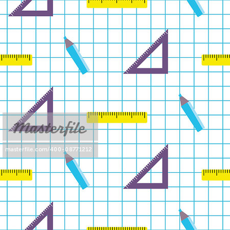 School objects vector seamless pattern. Rulers and highlighter on graph paper background.