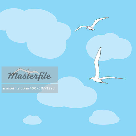 Sea gulls soar in the sky. line art vector illustration. Birds and animals