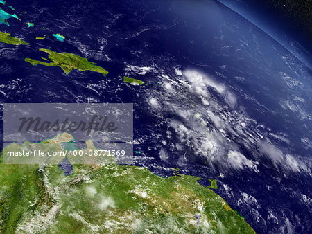 South Caribbean with surrounding region as seen from Earth's orbit in space. 3D illustration with highly detailed planet surface and clouds in the atmosphere. Elements of this image furnished by NASA.