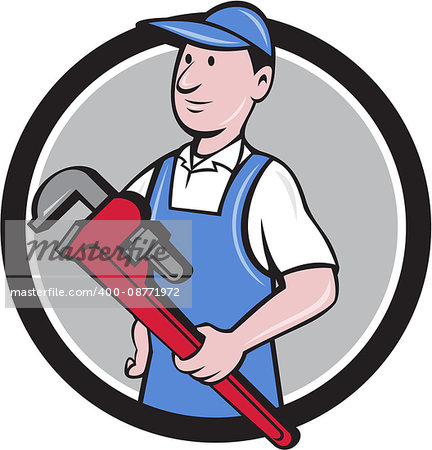 Illustration of a handyman wearing hat looking to the side holding pipe wrench viewed from front set inside circle on isolated background done in cartoon style.