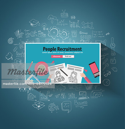 People Recruitment concept  with Doodle design style :people inteview, skill testing, clear selection. Modern style illustration for web banners, brochure and flyers.