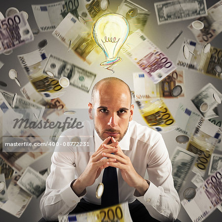 Man with light bulb over his head and money background