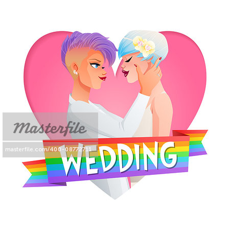 Cute beautiful gay lesbian homosexual hugging couple in love. Nontraditional wedding cartoon vector illustration in heart frame with text and rainbow flag.