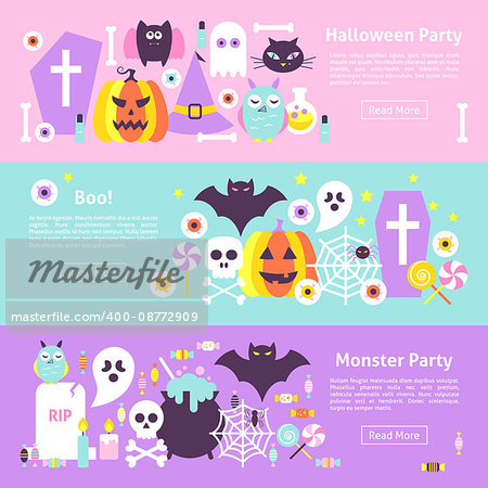 Trendy Halloween Web Horizontal Banners. Flat Style Vector Illustration for Website Header. Trick or Treat Objects.