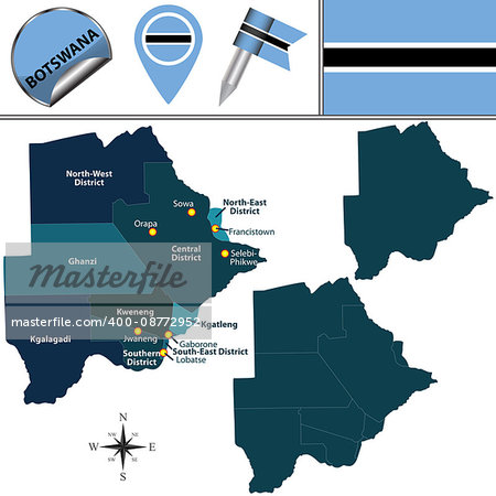 Vector map of Botswana with named districts and travel icons