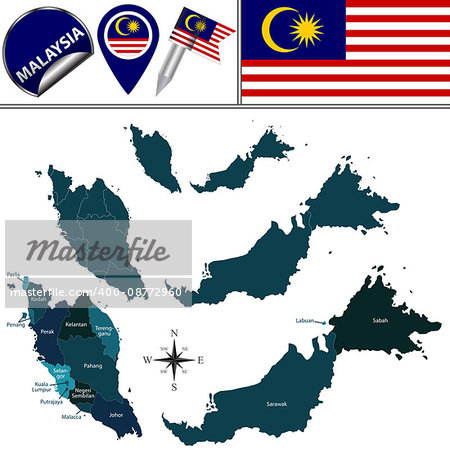 Vector map of Malaysia with named governorates and travel icons