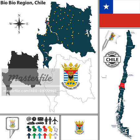 Vector map of Bio Bio region and location on Chilean map