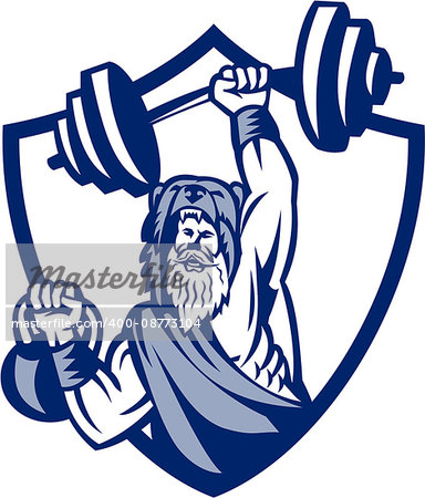 Illustration of a berserker, a champion Norse warrior wearing pelt of bear skin lifting barbell and kettlebell viewed from front set inside shield crest on isolated background done in retro style.