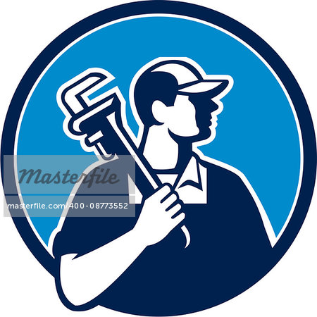 Illustration of a plumber holding pipe wrench on shoulder looking to the side viewed from front set inside circle on isolated background done in cartoon style.