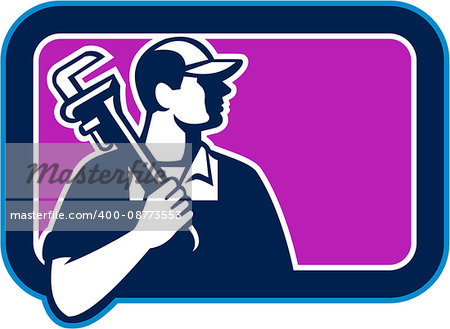 Illustration of a plumber holding pipe wrench on shoulder looking to the side viewed from front set inside rectangle shape on isolated background done in cartoon style.