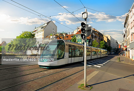 Modern tram on the street of Strasbourg, France