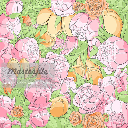 Floral illustration with peonies, roses and tulips flowers