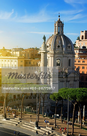 Forum of Trajan with basilica and statue in Rome, Italy