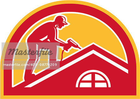 Illustration of a roofer construction worker wearing hat working on roof with hand drill viewed from the side set inside half circle done in retro style.