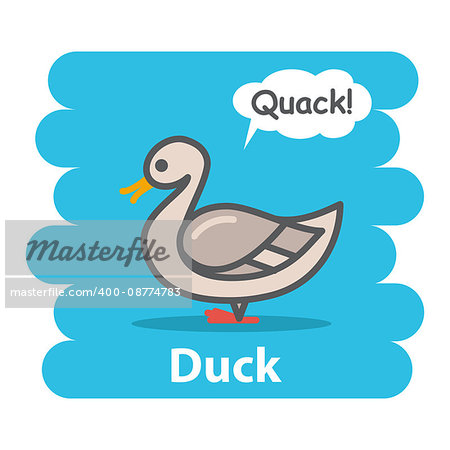 Duck vector illustration on isolated background.Cute Cartoon duck farm animal bird character speak Quack on a speech bubble.From the series what the say animals