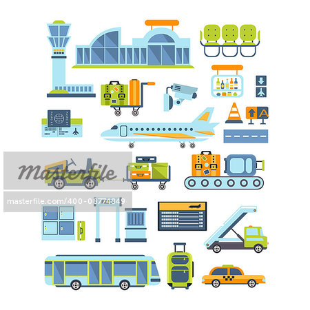 Airport Related Illustration Collection Of Simplified Flat Cartoon Style Vector Stickers Isolated On White Background