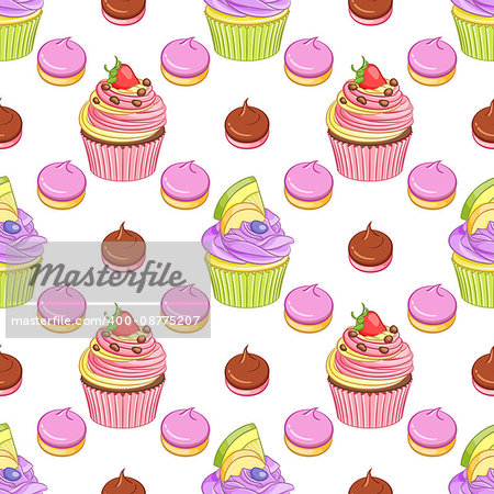Cute pink strawberry chocolate and blueberry lemon cupcakes and meringues vector seamless pattern on white background.