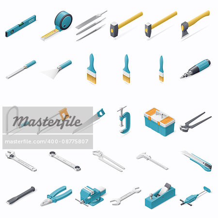 Building hand tools isometric detailed icons set vector graphic illustration