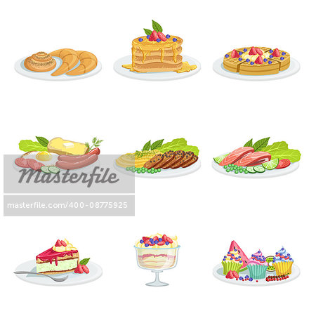 European Cuisine Food Assortment Menu Items Detailed Vector Illustrations. Set Of Cafe Plates In Realistic Design Drawings.