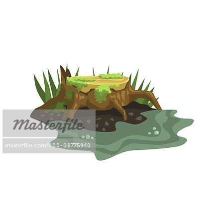 Old Stump Submerged In Water Jungle Landscape Element. Simple Tropical Forest Object Illustration Isolated On White Background.
