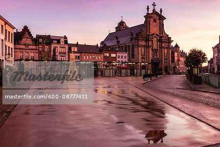 Rainy morning on Veemarkt in Mechelen. Mechelen, Flemish Region, Belgium.