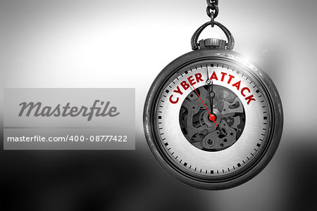 Cyber Attack on Pocket Watch Face with Close View of Watch Mechanism. Business Concept. Cyber Attack Close Up of Red Text on the Pocket Watch Face. 3D Rendering.