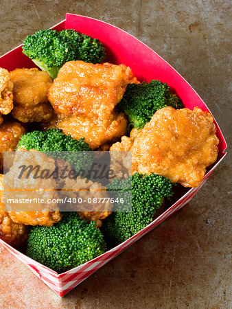 close up of rustic american chinese takeout general tso chicken