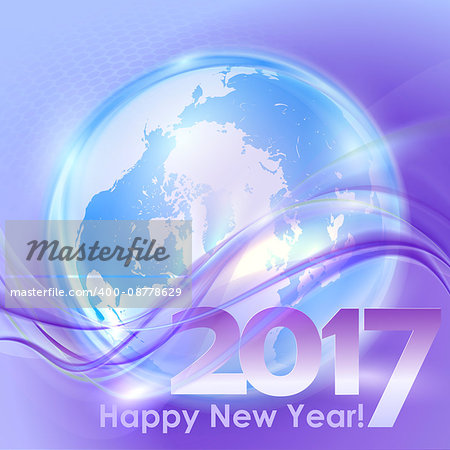 2017 Happy New Year abstract background with blue wave and globe earth. Vector illustration