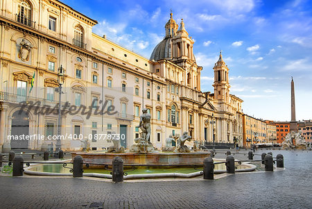 Pamphili palace and fountain of Moor on piazza Navona in Rome, Italy