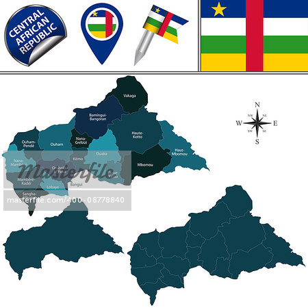 Vector map of Central African Republic with named prefectures and travel icons