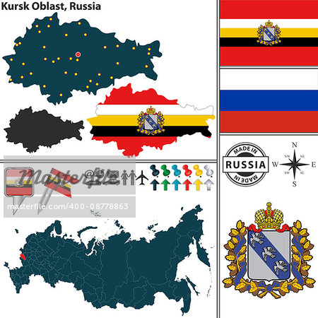 Vector map of Kursk Oblast with coat of arms and location on Russian map