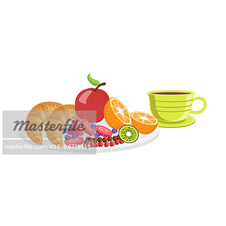 Croissant, Fruit And Coffee Breakfast Food And Drink Set. Morning Menu Plate Illustration In Detailed Simple Vector Design.