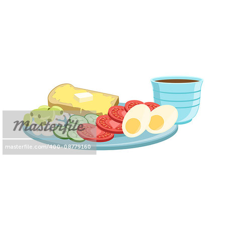 Toast, Egg, Vegetables And Coffee Breakfast Food And Drink Set. Morning Menu Plate Illustration In Detailed Simple Vector Design.