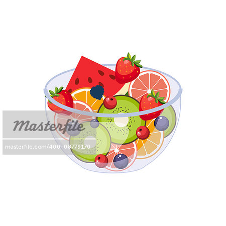 Fruit Salad Breakfast Food Element Isolated Icon. Simple Realistic Flat Vector Colorful Drawing On White Background.