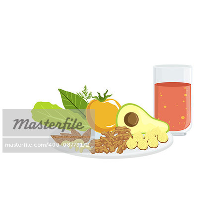 Vegetables, Nuts And Tomato Juice Breakfast Food And Drink Set. Morning Menu Plate Illustration In Detailed Simple Vector Design.