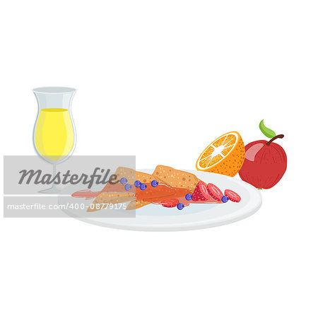 Sweet Crepes, Fruit And Juice Breakfast Food And Drink Set. Morning Menu Plate Illustration In Detailed Simple Vector Design.