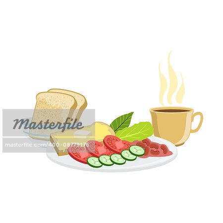 Coffee, Vegetables, Toasts And Beans Breakfast Food And Drink Set. Morning Menu Plate Illustration In Detailed Simple Vector Design.