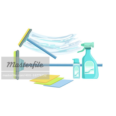 Window Washing Household Equipment Set. Clean Up Special Objects And Chemicals Composition Of Realistic Objects. Flat Vector Drawing On White Background