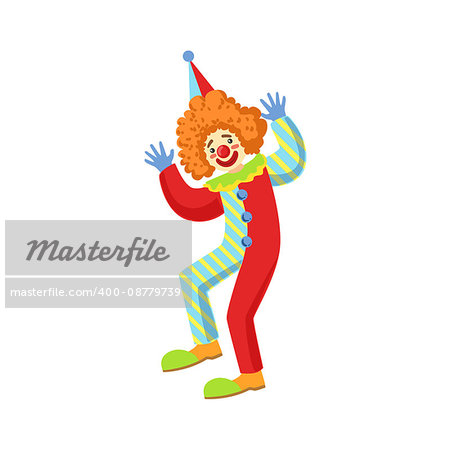 Colorful Friendly Clown Performing In Classic Outfit. Childish Circus Clown Character Performing In Costume And Make Up.
