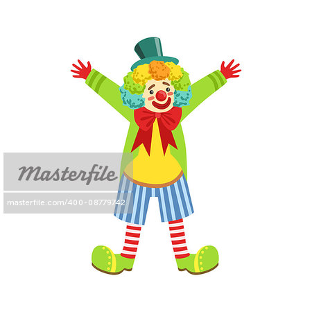 Colorful Friendly Clown With Multicolor Wig In Classic Outfit. Childish Circus Clown Character Performing In Costume And Make Up.