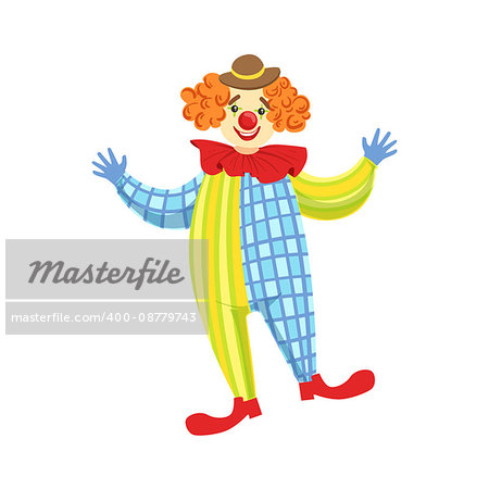 Colorful Friendly Clown In Derby Hat And Classic Outfit. Childish Circus Clown Character Performing In Costume And Make Up.