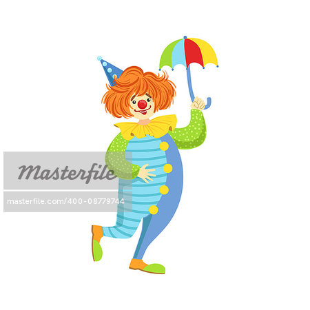 Colorful Friendly Clown With Mini Umbrella In Classic Outfit. Childish Circus Clown Character Performing In Costume And Make Up.