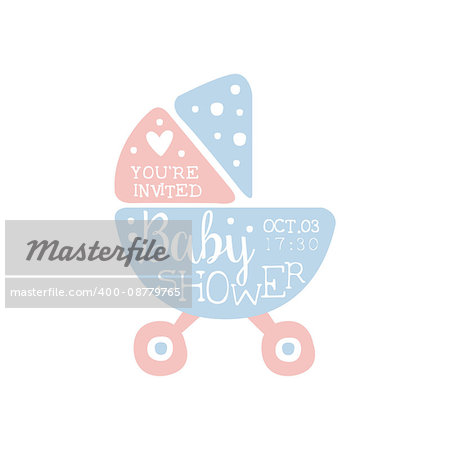 Baby Shower Invitation Design Template With Stroller. Calligraphic Vector Element For The Newborn Party Postcard.