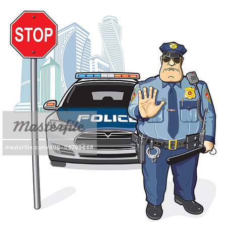 Police officer and a police car, stop sign