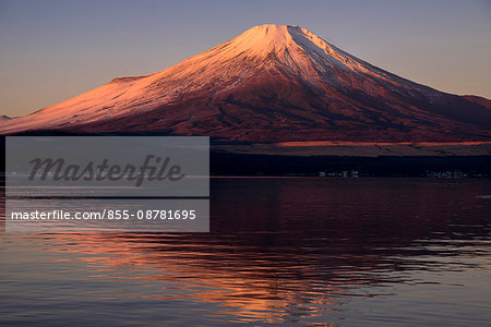 Lake Yamanakako and Mt. Fuji, illuminated red by sunlight, Yamanakako-mura, Yamanashi Prefecture, Japan