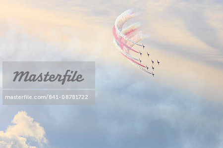 Red Arrows, Royal Air Force aerobatic display team, colourful sky, Derbyshire, England, United Kingdom, Europe